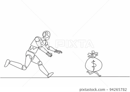 Single continuous line drawing robot chasing money bag dollar run away. Modern robotic artificial intelligence. Electronic technology industry. Dynamic one line draw graphic design vector illustration Single continuous line drawing robot chasing money bag dollar run away. Modern robotic artificial intelligence. Electronic technology industry. Dynamic one line draw graphic design vector illustration 94265782
