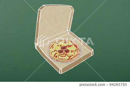 Chalk drawn whole pepperoni pizza in takeout box on green blackboard Chalk drawn whole pepperoni pizza in takeout box on green blackboard 94265783