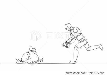 Continuous one line drawing robot running to catch money bag in the steel bear trap. Humanoid robot cybernetic organism. Future robotic development. Single line draw design vector graphic illustration Continuous one line drawing robot running to catch money bag in the steel bear trap. Humanoid robot cybernetic organism. Future robotic development. Single line draw design vector graphic illustration 94265784