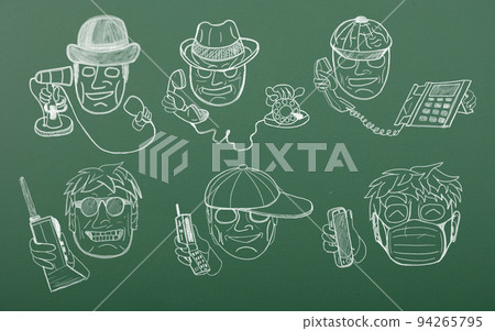 Blackboard with drawn of people are holds phone. Consept evolution from phone to smartphone Blackboard with drawn of people are holds phone. Consept evolution from phone to smartphone 94265795