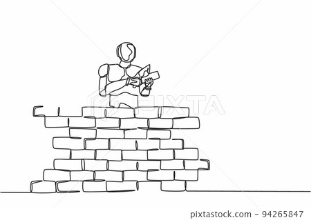 Single one line drawing robot repairman building brick wall. Future technology development. Artificial intelligence machine learning processes. Continuous line draw design graphic vector illustration 94265847