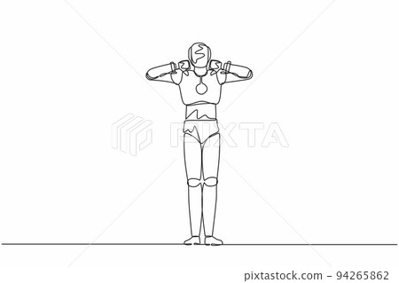Continuous one line drawing robot showing thumbs down sign gesture. Dislike, disagree, disappointment, disapprove, no deal. Humanoid robot cybernetic organism. Single line design vector illustration Continuous one line drawing robot showing thumbs down sign gesture. Dislike, disagree, disappointment, disapprove, no deal. Humanoid robot cybernetic organism. Single line design vector illustration 94265862