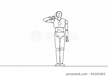 Single continuous line drawing robot showing thumbs down sign gesture. Dislike, disagree, disappointment, disapprove, no deal. Robotic artificial intelligence. One line draw design vector illustration 94265863