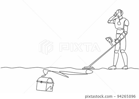 Single continuous line drawing robot with metal detector looking for chest treasure. Robotic artificial intelligence. Electronic technology industry. One line draw graphic design vector illustration 94265896