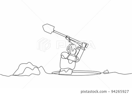 Continuous one line drawing robot digging in dirt using shovel. Humanoid robot cybernetic organism. Future robotics development. Treasure digging. Single line draw design vector graphic illustration Continuous one line drawing robot digging in dirt using shovel. Humanoid robot cybernetic organism. Future robotics development. Treasure digging. Single line draw design vector graphic illustration 94265927