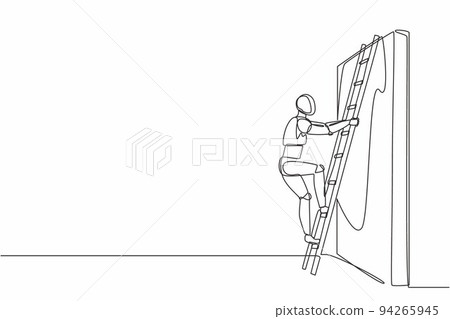 Single continuous line drawing robot climbing up the wall with ladder. Business obstacle metaphor. Robotic artificial intelligence. Electronic technology. One line graphic design vector illustration 94265945