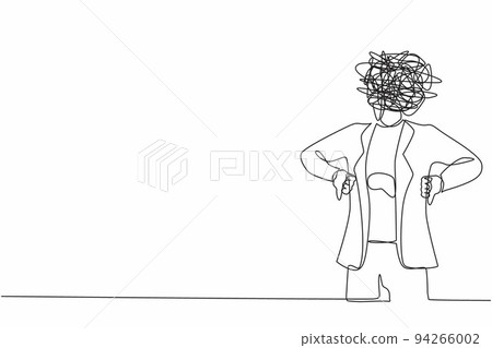 Single continuous line drawing businesswoman with round scribbles instead of head. Confused female manager showing thumbs down sign, dislike, negative expression. One line draw graphic design vector 94266002