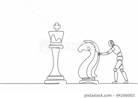 Continuous one line drawing robots push huge knight horse chess piece to take down king. Humanoid robot cybernetic organism. Future robotics development concept. Single line draw design vector graphic Continuous one line drawing robots push huge knight horse chess piece to take down king. Humanoid robot cybernetic organism. Future robotics development concept. Single line draw design vector graphic 94266003