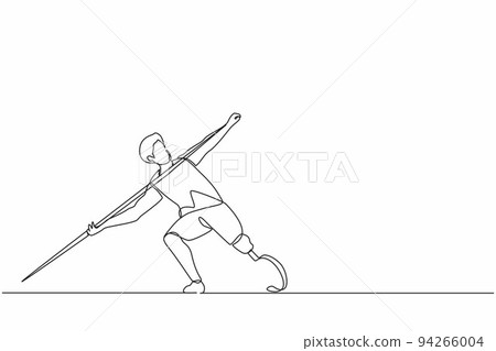 Single one line drawing disabled athlete throwing spear with prosthesis leg. Disabled sportsman with amputated foot. Disability sport, championship, games. Continuous line draw design graphic vector 94266004