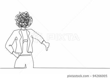 Single one line drawing businesswoman with round scribbles instead of a head. Confused female showing thumbs down sign, dislike, disapproval, disagreement. Continuous line draw design graphic vector 94266005