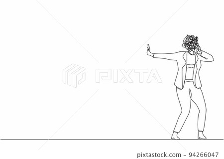 Single one line drawing businesswoman with round scribbles instead of head. Woman stop gesture, female covering eyes with hand. Embarrassed, negative emotion pose. Continuous line draw design vector 94266047