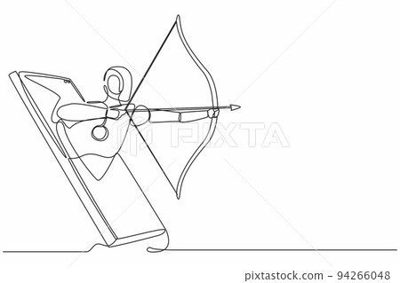 Continuous one line drawing robots come out from cellular phone holding bow and arrow aiming to shoot. Humanoid robot cybernetic organism. Future robotics development. Single line draw design vector 94266048