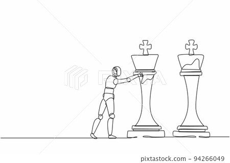 Single one line drawing robot push huge king chess piece to take down the other king. Future technology. Artificial intelligence machine learning process. Continuous line draw design graphic vector 94266049