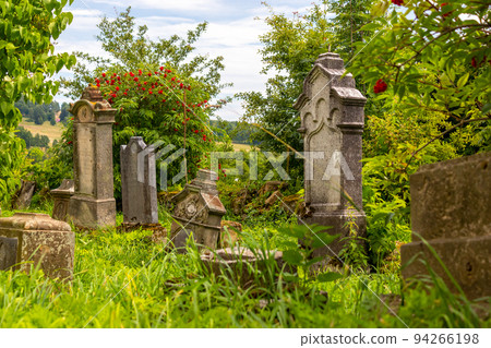 tombstones in an old cemetery overgrown with grass tombstones in an old cemetery overgrown with grass 94266198