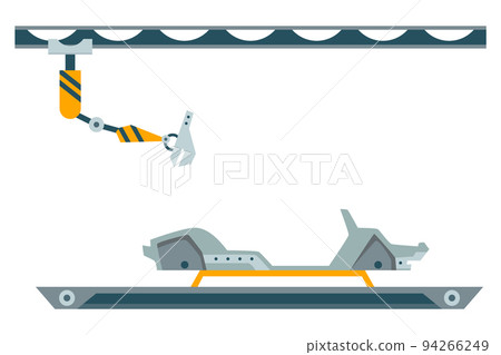 Factory assembly line. Industry robot arm assemble car on conveyor belt. Automobile factory with automated manufacture. Vehicle production process with innovative equipment. Robotic automotive 94266249