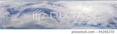 Blue sky with Cumulus clouds Seamless panorama in spherical equirectangular format. Complete zenith for use in 3D graphics, game and for composites in aerial drone 360 degree panoramas as a sky dome 94266250