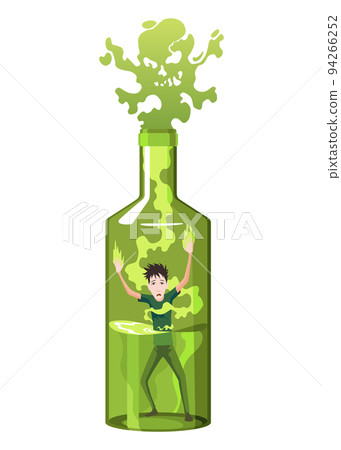 Alcoholic or boozer. Unhappy man standing in green bottle. Young guy with alcohol addiction. Alcoholism concept problem, dependence, bad habit 94266252