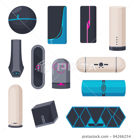 Wireless smart speaker icons set. Music home system in modern design. Voice digital devices with distance internet connection. Devices with voice control interface for smart home Wireless smart speaker icons set. Music home system in modern design. Voice digital devices with distance internet connection. Devices with voice control interface for smart home 94266254