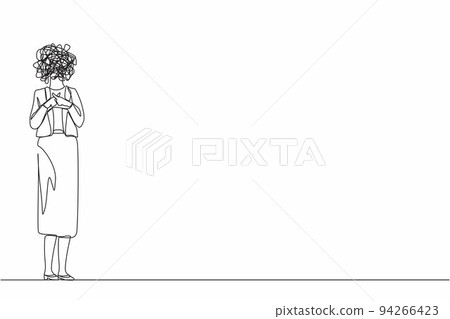 Single continuous line drawing businesswoman with round scribbles instead of head. Female manager hand making sign crossing fingers forming x. Cross, wrong, banned. Say no. one line draw design vector Single continuous line drawing businesswoman with round scribbles instead of head. Female manager hand making sign crossing fingers forming x. Cross, wrong, banned. Say no. one line draw design vector 94266423