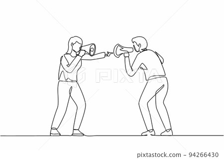 Single continuous line drawing man and woman hold loudspeakers scream at each other engaged in family fight. Stubborn angry husband and wife yell shout in megaphones. One line graphic design vector Single continuous line drawing man and woman hold loudspeakers scream at each other engaged in family fight. Stubborn angry husband and wife yell shout in megaphones. One line graphic design vector 94266430