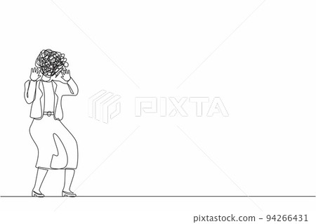 Single one line drawing businesswoman with round scribbles instead of head. Woman shocked. Stop gesture with palm hands, shouting. Human emotions, expressions. Continuous line design graphic vector Single one line drawing businesswoman with round scribbles instead of head. Woman shocked. Stop gesture with palm hands, shouting. Human emotions, expressions. Continuous line design graphic vector 94266431