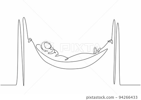 Single continuous line drawing Arab businesswoman is lying in hammock and dreaming about big money. Comfort and recreation. Achieve financial freedom. One line draw graphic design vector illustration Single continuous line drawing Arab businesswoman is lying in hammock and dreaming about big money. Comfort and recreation. Achieve financial freedom. One line draw graphic design vector illustration 94266433