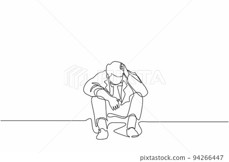 Single one line drawing businessman feeling sad, depression, holding head, and sitting on the floor. Frustrated worker mental health problems. Continuous line draw design graphic vector illustration 94266447