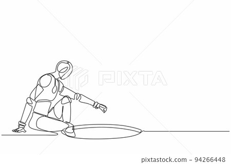 Single one line drawing robot descends into the hole. Future technology development. Artificial intelligence and machine learning processes. Modern continuous line design graphic vector illustration Single one line drawing robot descends into the hole. Future technology development. Artificial intelligence and machine learning processes. Modern continuous line design graphic vector illustration 94266448