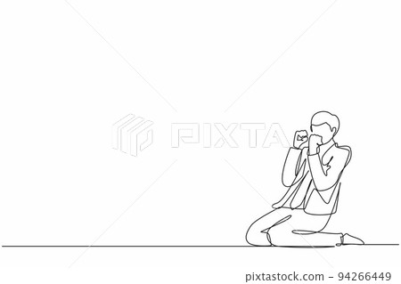 Single continuous line drawing happy businessman kneeling with gesture of both hands yes. Single continuous line drawing happy businessman kneeling with gesture of both hands yes. 94266449