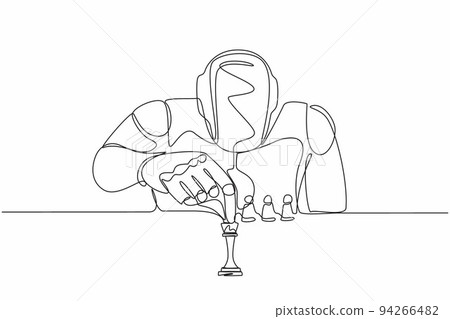 Single continuous line drawing robots sitting and moving chess figure. Modern robotics artificial intelligence technology. Electronic technology industry. One line graphic design vector illustration Single continuous line drawing robots sitting and moving chess figure. Modern robotics artificial intelligence technology. Electronic technology industry. One line graphic design vector illustration 94266482