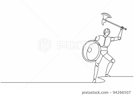 Single continuous line drawing robot with axe and shield furiously attacks. Modern robotics artificial intelligence technology. Electronic technology industry. One line draw design vector illustration Single continuous line drawing robot with axe and shield furiously attacks. Modern robotics artificial intelligence technology. Electronic technology industry. One line draw design vector illustration 94266507