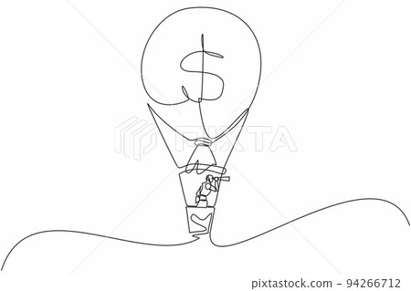 Single continuous line drawing robots in hot air balloon with money bag looking with telescope or monocular. Modern robot artificial intelligence technology. One line draw design vector illustration Single continuous line drawing robots in hot air balloon with money bag looking with telescope or monocular. Modern robot artificial intelligence technology. One line draw design vector illustration 94266712