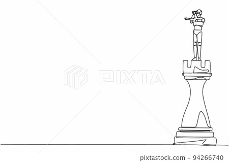 Single one line drawing robot on top of big rook chess piece using monocular. Future technology development. Artificial intelligence and machine learning process. Continuous line design graphic vector Single one line drawing robot on top of big rook chess piece using monocular. Future technology development. Artificial intelligence and machine learning process. Continuous line design graphic vector 94266740
