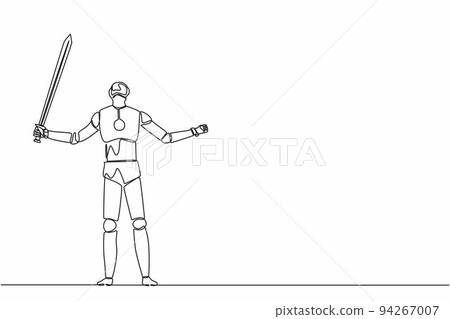 Continuous one line drawing robots standing and lifting up big sword. Humanoid robot cybernetic organism. Future robotics development concept. Single line draw design vector graphic illustration 94267007