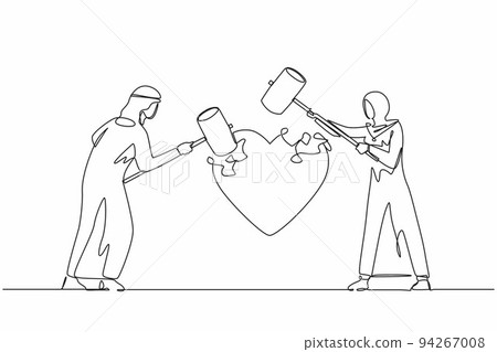 Continuous one line drawing angry Arab couple husband and wife using big hammer to hit broken heart shape. Marriage problem, divorce, violence in broken relationship. Single line design vector graphic 94267008