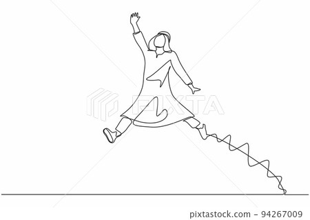 Continuous one line drawing happy Arab businessman jumping with spreads both legs and raises one hand. Salesman celebrates salary increase from company. Single line design vector graphic illustration 94267009
