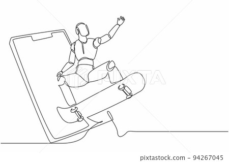 Continuous one line drawing robot come out from cellular phone and jump with skateboard. Humanoid robot cybernetic organism. Future robotics development concept. Single line draw design vector graphic 94267045