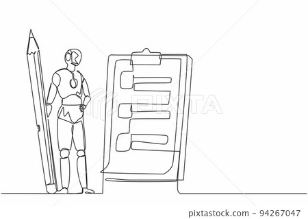 Single continuous line drawing robots holding big pencil and looking clipboard. Modern robotics artificial intelligence technology. Electronic technology industry. One line draw graphic design vector 94267047