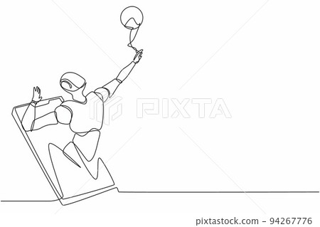 Single one line drawing robot come out from cellular phone and doing smash volleyball. Future technology development. Artificial intelligence, machine learning process. Continuous line design vector Single one line drawing robot come out from cellular phone and doing smash volleyball. Future technology development. Artificial intelligence, machine learning process. Continuous line design vector 94267776