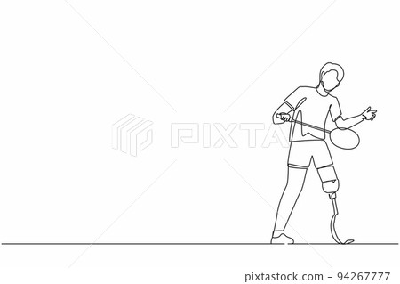 Single continuous line drawing male athlete playing badminton.  man with prosthetic leg holding racket. Person with disability performing sports activity. One line draw graphic design vector 94267777