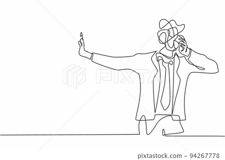 Continuous one line drawing businessman with round scribbles instead of head. Man stop gesture, male manager covering eyes with hand, sad, fear, expression. Single line draw design vector illustration Continuous one line drawing businessman with round scribbles instead of head. Man stop gesture, male manager covering eyes with hand, sad, fear, expression. Single line draw design vector illustration 94267778