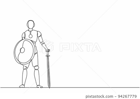 Continuous one line drawing robots stands holding big sword and shield. Humanoid robot cybernetic organism. Future robotics development concept. Single line draw design vector graphic illustration Continuous one line drawing robots stands holding big sword and shield. Humanoid robot cybernetic organism. Future robotics development concept. Single line draw design vector graphic illustration 94267779
