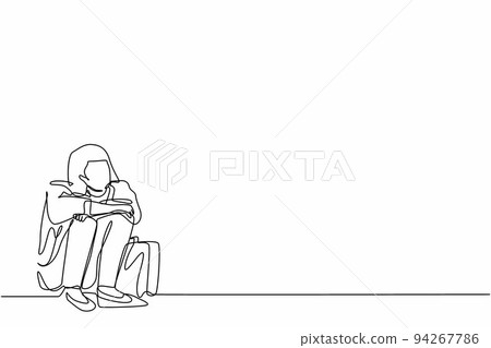 Continuous one line drawing depressed businesswoman suffer emotion sadness melancholy stress with briefcase sitting in despair on the floor. Worker feeling blue, stress. Single line draw design vector 94267786