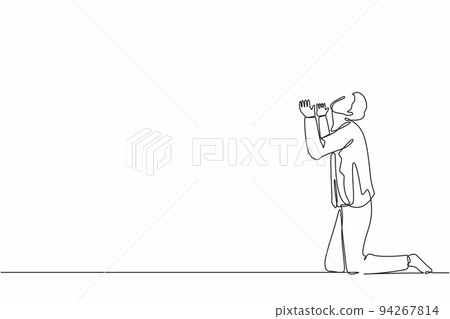 Single continuous line drawing businessman or manager is on his knees and ask for help. Man in a business suit praying. Psychological therapy and treatment. One line graphic design vector illustration 94267814