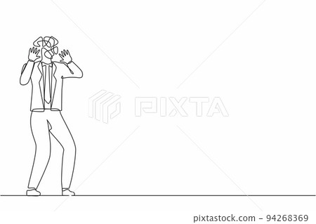 Single one line drawing businessman with round scribbles instead of head. Man shocked. Stop gesture with palm hands, shouting. Human emotions, expressions. Continuous line draw design graphic vector Single one line drawing businessman with round scribbles instead of head. Man shocked. Stop gesture with palm hands, shouting. Human emotions, expressions. Continuous line draw design graphic vector 94268369