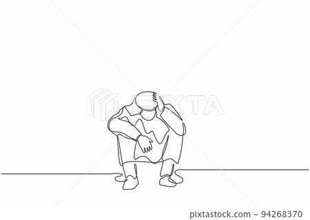 Single continuous line drawing Arab businessman feeling sad, depression, holding head, and sitting on floor. Frustrated worker mental health problems. One line draw graphic design vector illustration Single continuous line drawing Arab businessman feeling sad, depression, holding head, and sitting on floor. Frustrated worker mental health problems. One line draw graphic design vector illustration 94268370