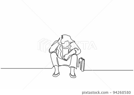 Single one line drawing businesswoman feeling sad, depression, holding head, and sitting on the floor. Frustrated worker mental health problems. Continuous line draw design graphic vector illustration Single one line drawing businesswoman feeling sad, depression, holding head, and sitting on the floor. Frustrated worker mental health problems. Continuous line draw design graphic vector illustration 94268580