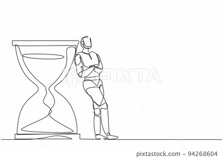 Single one line drawing robot lean on giant hourglass. Future technology development. Artificial intelligence and machine learning process. Continuous line draw design graphic vector illustration Single one line drawing robot lean on giant hourglass. Future technology development. Artificial intelligence and machine learning process. Continuous line draw design graphic vector illustration 94268604
