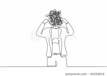 Single continuous line drawing businesswoman with round scribbles instead of head. Office worker covering her ears with fingers. Person closing ear for loud noise. One line draw graphic design vector 94268616