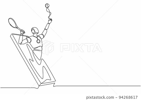 Single one line drawing robot come out from cellular phone and serve tennis ball with racket. Future technology. Artificial intelligence machine learning process. Continuous line graphic design vector Single one line drawing robot come out from cellular phone and serve tennis ball with racket. Future technology. Artificial intelligence machine learning process. Continuous line graphic design vector 94268617